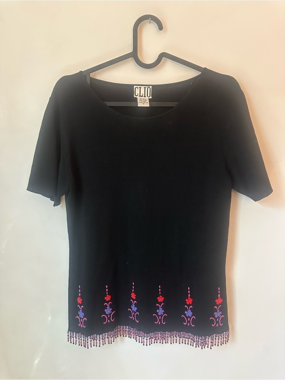 Vintage CLIO Silk & Cotton Beaded Fringe Top Size Medium